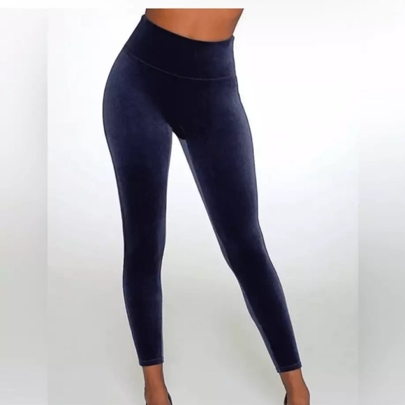 Spanx Dark Blue Velvet Power Waistband Seam Free Soft Full Length Leggings (XL) - Picture 1 of 15